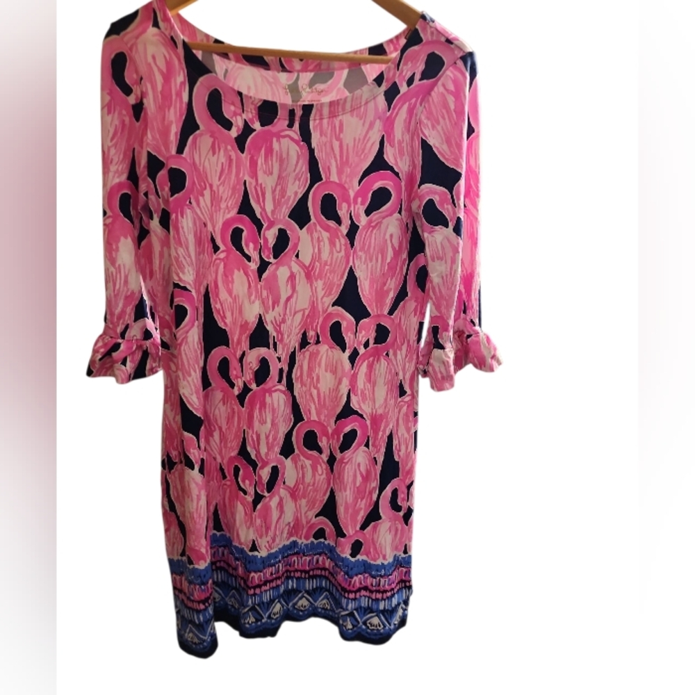 Lilly Pulitzer Dress Sz Med Festive Flamingo Print W Ruffled Elastic Half Sleeve